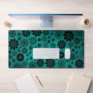 Cute Modern Trendy Girly Cool Floral Pattern Teal Desk Mat