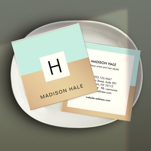 Cute Modern Turquoise Gold Monogram Beauty Stylist Square Business Card (Creator Uploaded)