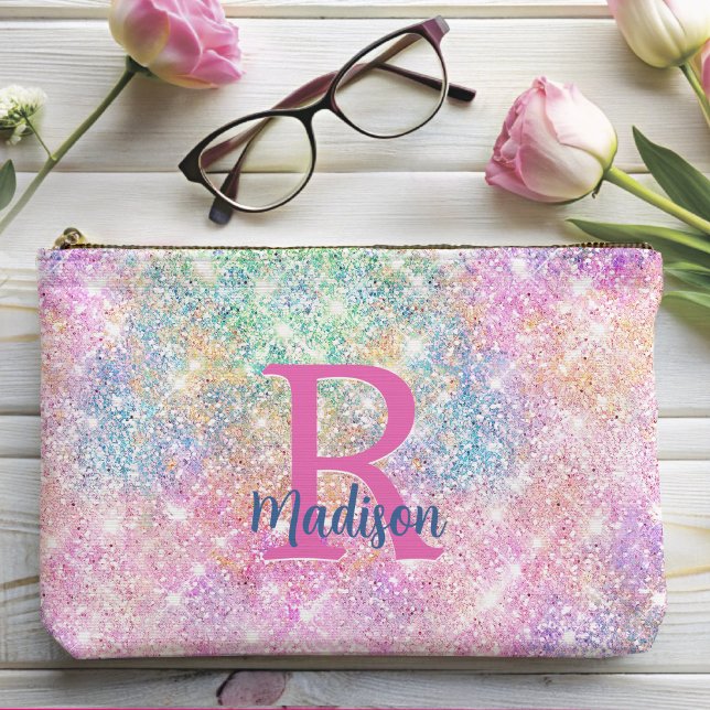 Cute modern unicorn pink faux glitter monogram accessory pouch (Creator Uploaded)