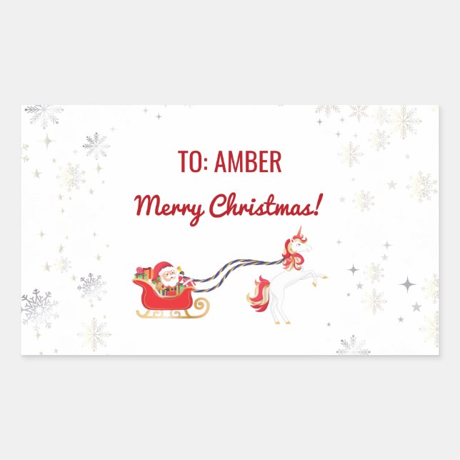 Cute Modern Unicorn Santa Personalised Name Xmas Rectangular Sticker (Front)