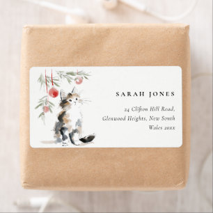 Cute Modern Watercolor Christmas Tree Cat Address