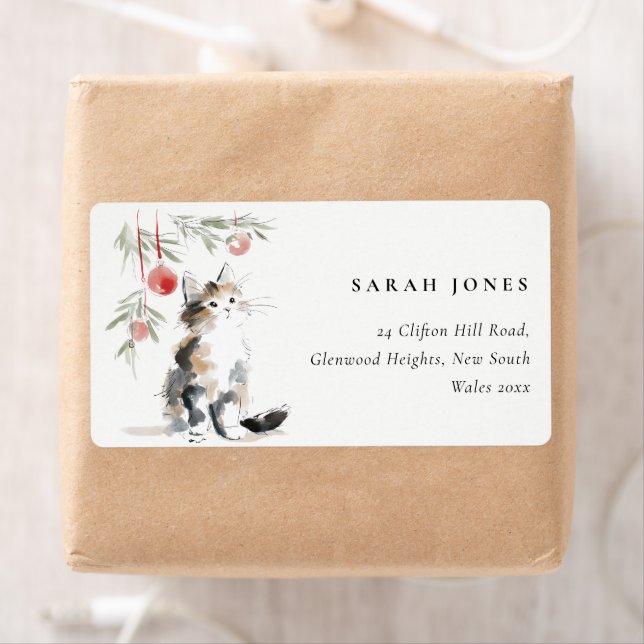 Cute Modern Watercolor Christmas Tree Cat Address (Insitu)