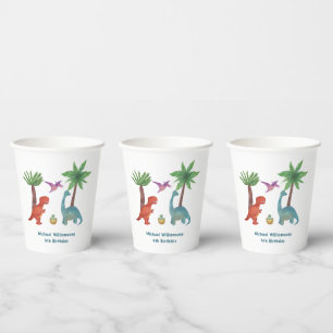 Cute modern watercolor dinosaur themed birthday paper cups