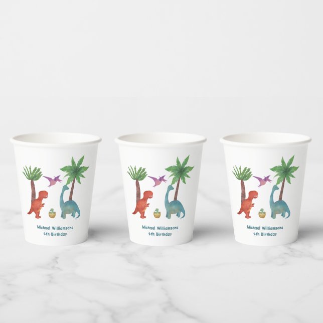 Cute  modern watercolor dinosaur themed birthday   paper cups (Multi)