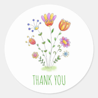 Cute Modern Watercolor Flowers Thank You Classic Round Sticker