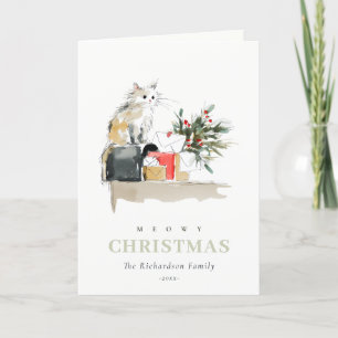 Cute Modern Watercolor Meowy Christmas Gift Cat Holiday Card