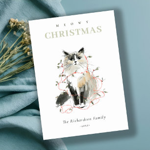 Cute Modern Watercolor Meowy Christmas Lights Cat Holiday Card