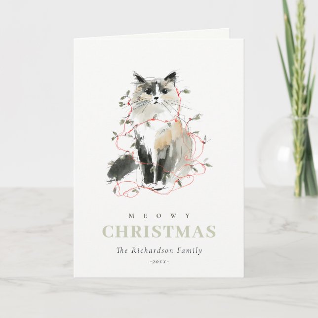 Cute Modern Watercolor Meowy Christmas Lights Cat Holiday Card (Front)