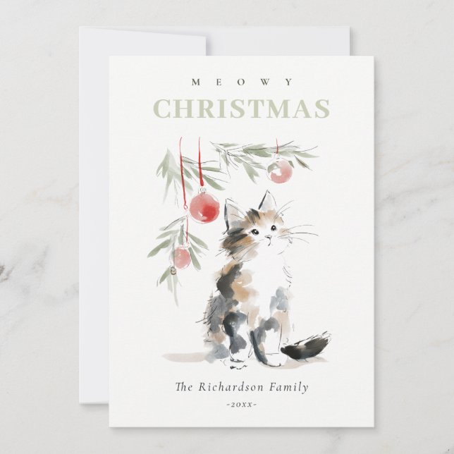 Cute Modern Watercolor Meowy Christmas Tree Cat Holiday Card (Front)
