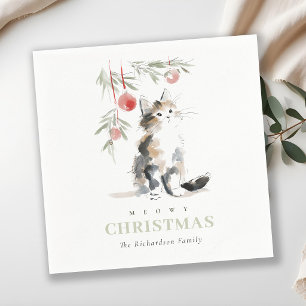 Cute Modern Watercolor Meowy Christmas Tree Cat Napkin