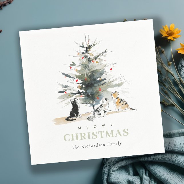 Cute Modern Watercolor Meowy Christmas Tree Cats  Napkin (Creator Uploaded)