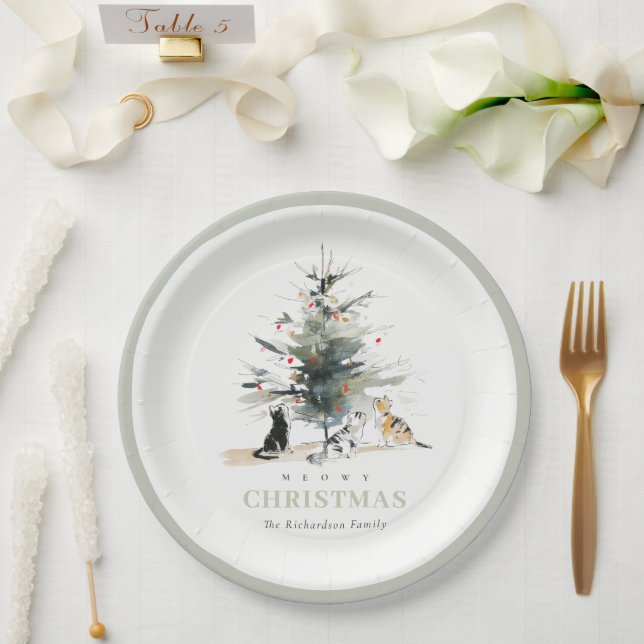 Cute Modern Watercolor Meowy Christmas Tree Cats  Paper Plate (Wedding)