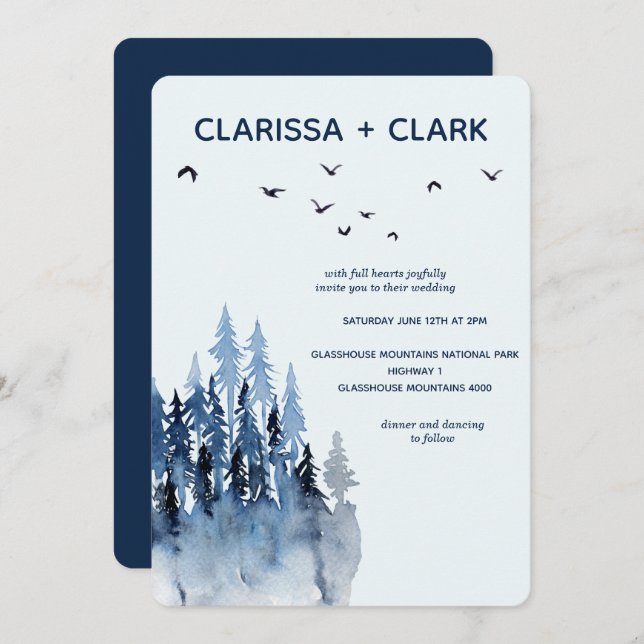 Cute Modern Watercolor Mountain Landscape Wedding  Invitation (Front/Back)