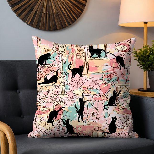 Cute Modern Watercolor Paris Cafe Cat Pattern Cushion (Creator Uploaded)