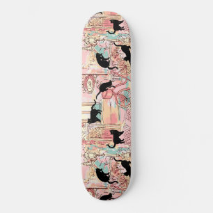 Cute Modern Watercolor Paris Cafe Cat Pattern Skateboard