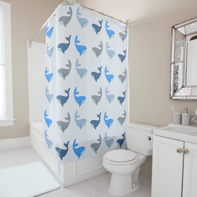 Cute Modern Whale Illustrated Pattern Blue Shower Curtain (In Situ)
