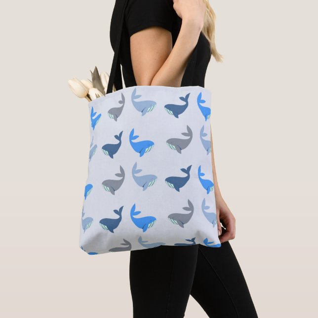 Cute Modern Whale Illustrated Pattern Blue Tote Bag (Close Up)