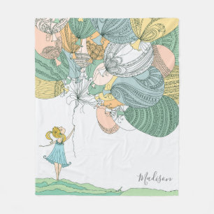 Cute Modern Whimsical Girl Balloons Personalised Fleece Blanket