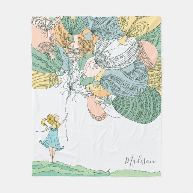Cute Modern Whimsical Girl Balloons Personalised Fleece Blanket (Front)