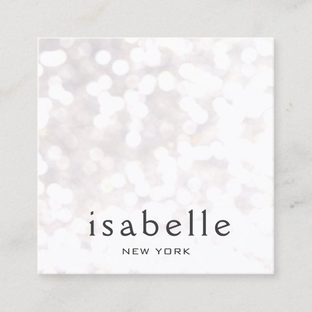 Cute Modern White Bokeh Glitter Square Square Business Card (Front)
