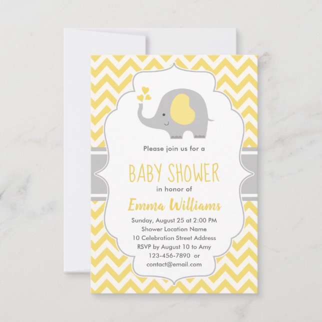 Cute Modern Yellow Grey Elephant Baby Shower Invitation (Front)