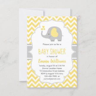 Cute Modern Yellow Grey Elephant Baby Shower Invitation