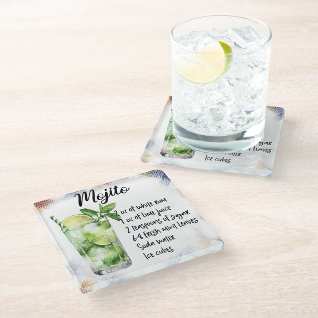 Cute Mojito Cocktail Recipe Glass Coaster (Angled)