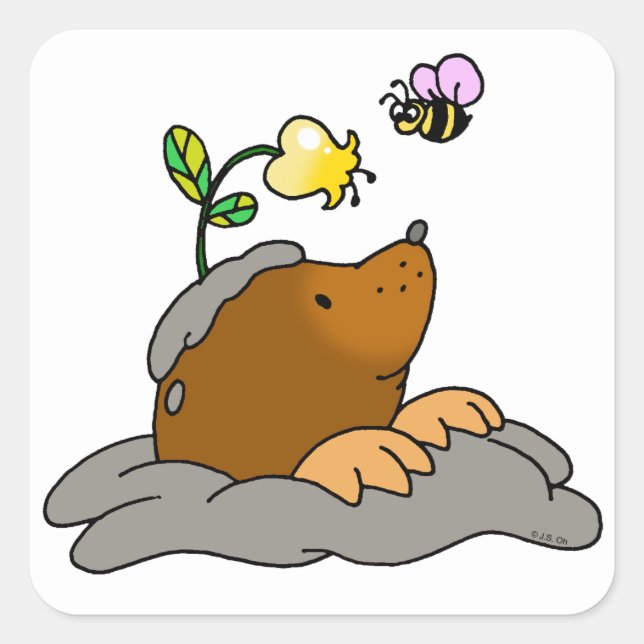 cute mole cartoon with a flower bee square sticker (Front)