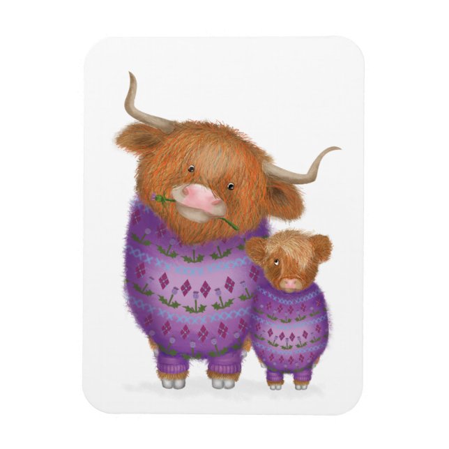 Cute mom & baby Highland cow magnet (Vertical)