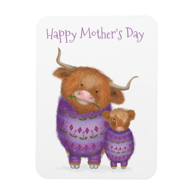 Cute mom & baby Highland cow Mother's Day magnet (Vertical)