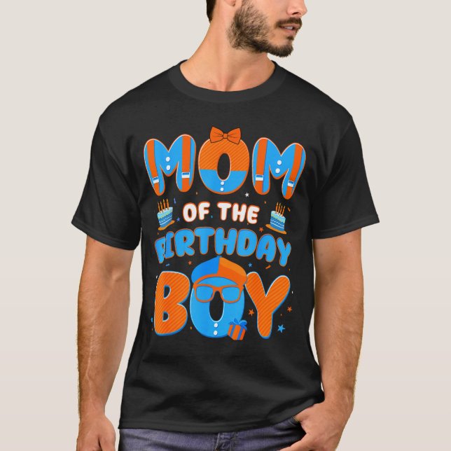 Cute Mom Of The Birthday Boy Matching Blue Orange  T-Shirt (Front)