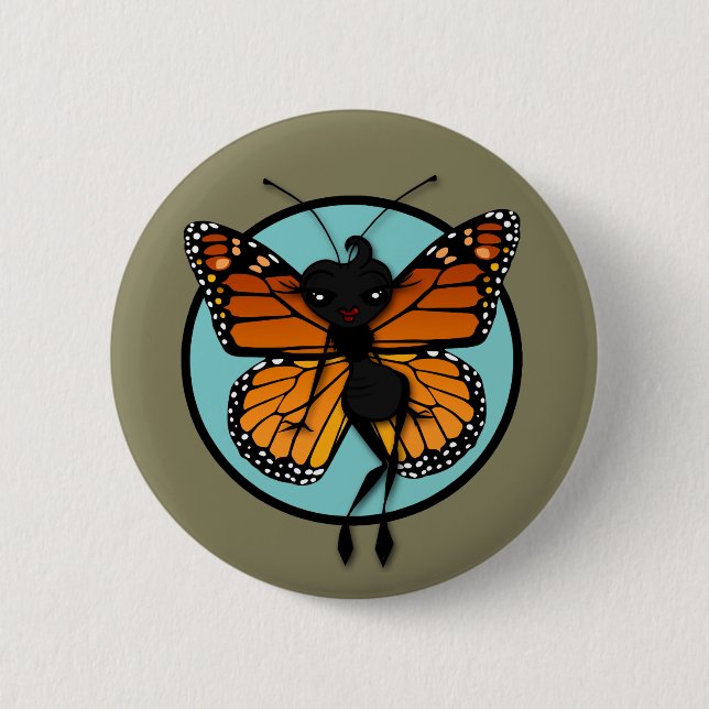 CUTE MONARCH BUTTERFLY LADY ROUND BUTTON (Front)