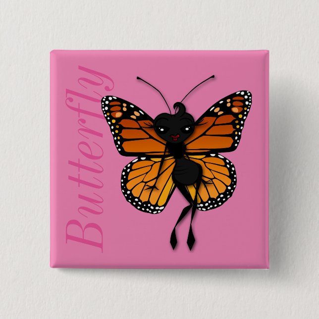 CUTE MONARCH BUTTERFLY LADY SQUARE BUTTON (Front)