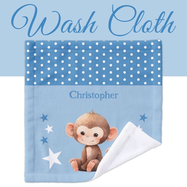 Cute monkey add name polka dots stars blue wash cloth (Creator Uploaded)
