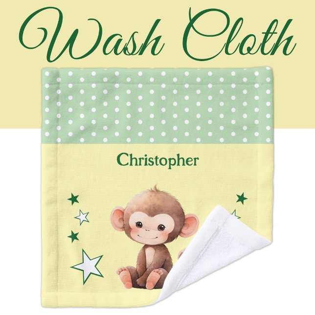 Cute monkey add name polka dots stars green wash cloth (Creator Uploaded)