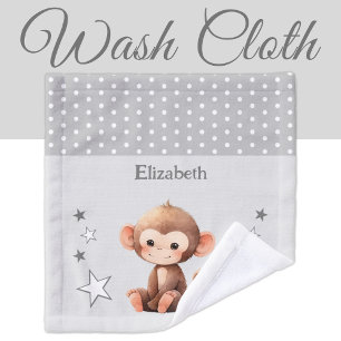 Cute monkey add name polka dots stars grey wash cloth