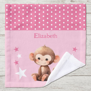 Cute monkey add name polka dots stars pink wash cloth