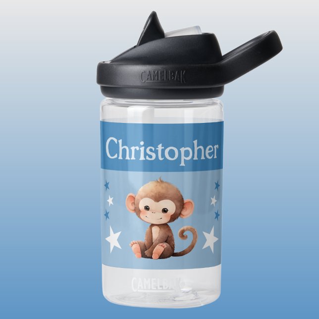 Cute monkey add name with stars kids blue water bottle (Creator Uploaded)