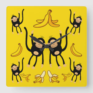 Cute Monkey And Banana Print Square Wall Clock