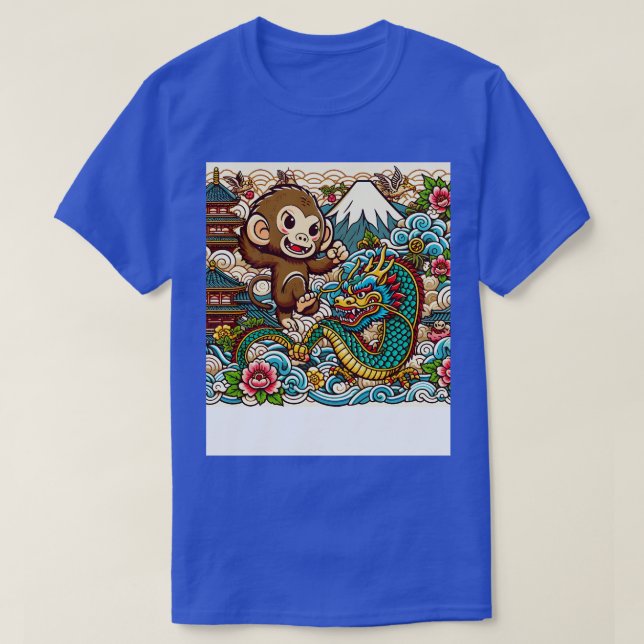 Cute Monkey and Dragon in Japan with Pagoda Wave F T-Shirt (Design Front)