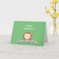Cute Monkey and Flowers Sage Green Happy Birthday