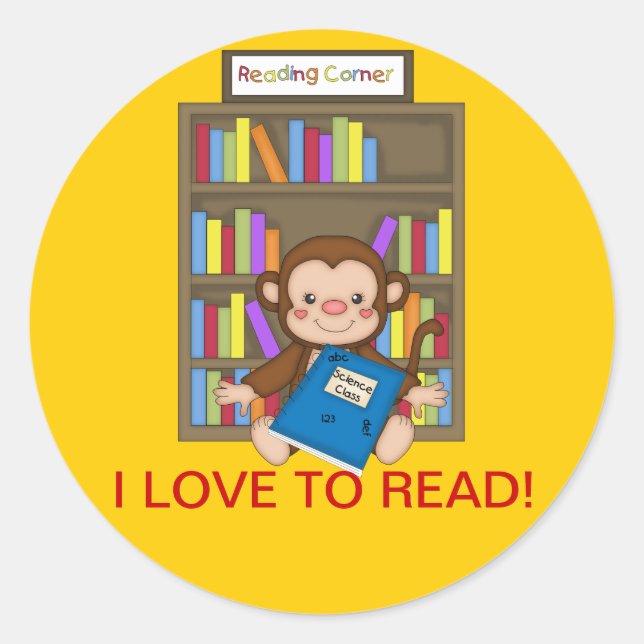 Cute Monkey Back to School Reading Classic Round Sticker (Front)