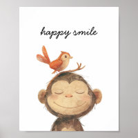 Cute Monkey Bird Happy Smile Watercolor Nursery