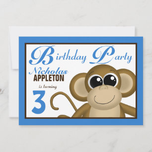 Cute Monkey Blue Birthday Party Invitations