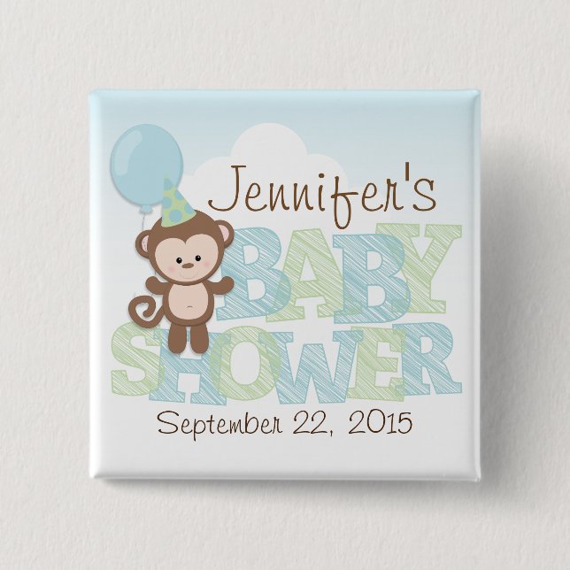 Cute Monkey; Blue & Green Baby Shower 15 Cm Square Badge (Front)