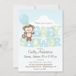 Cute Monkey; Blue & Green Baby Shower Invitation