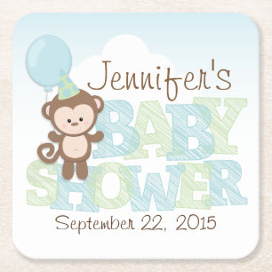 Cute Monkey; Blue & Green Baby Shower Square Paper Coaster