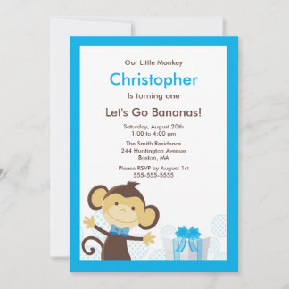 Cute Monkey Boy Birthday Invitation