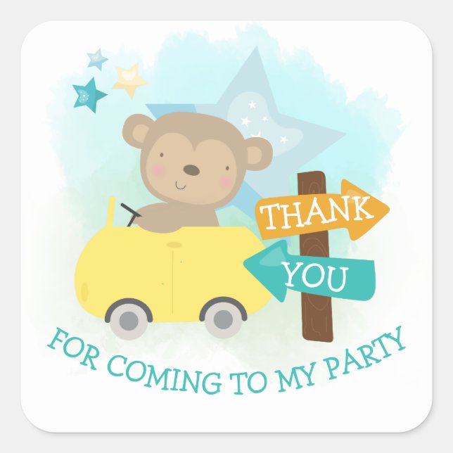 Cute Monkey Car Thank You Toddler Birthday Square Sticker (Front)