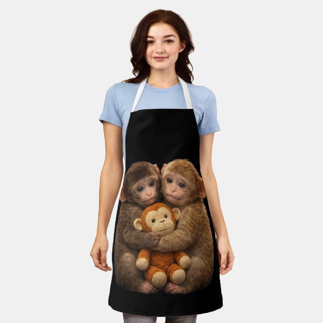 Cute Monkey Couple Hugging Monkey Punch Plush Art Apron (Worn)